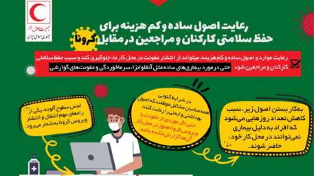 رعایت اصول ساده و کم‌هزینه برای حفظ سلامتی کارکنان و مراجعین در مقابل کرونا/ اینفوگرافیک